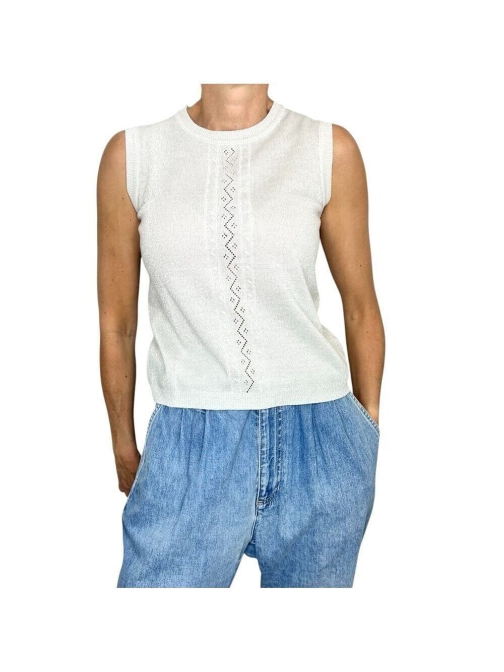 Vintage 90s cotton blend grey metallic silver sleeveless fine knit top sweater M